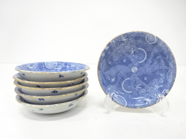 JAPANESE CERAMICS / INBANDE SMALL PLATE / SET OF 6 / BLUE & WHITE (PORCELAIN) / FLOWER & BIRD